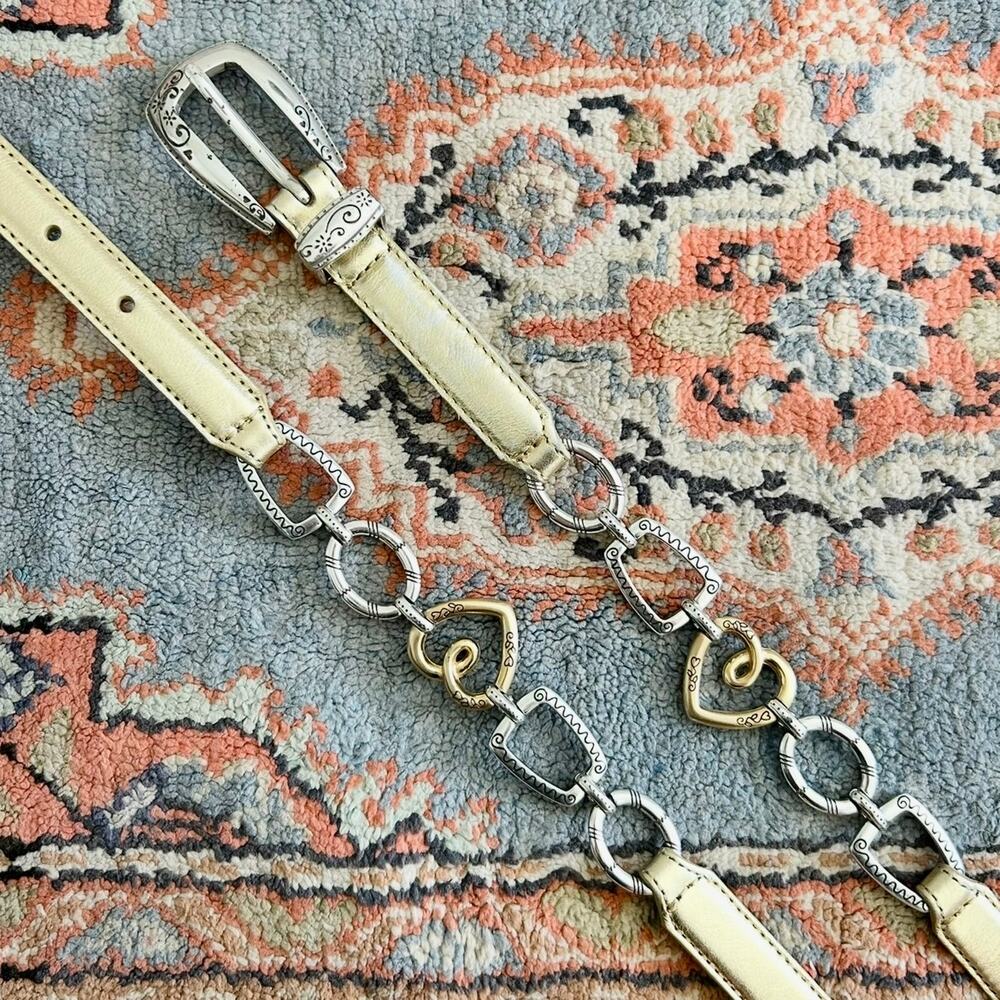 Brighton Heart Chain Link Metallic Gold Silver Toned Leather Skinny Belt MEDIUM